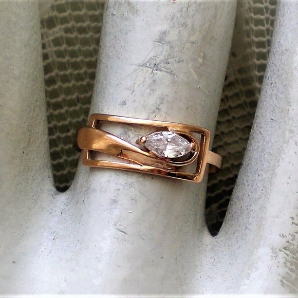 Ukrainian Russian Solid 14K 585 Rose Pink Gold Clear White Marquise CZ Ring